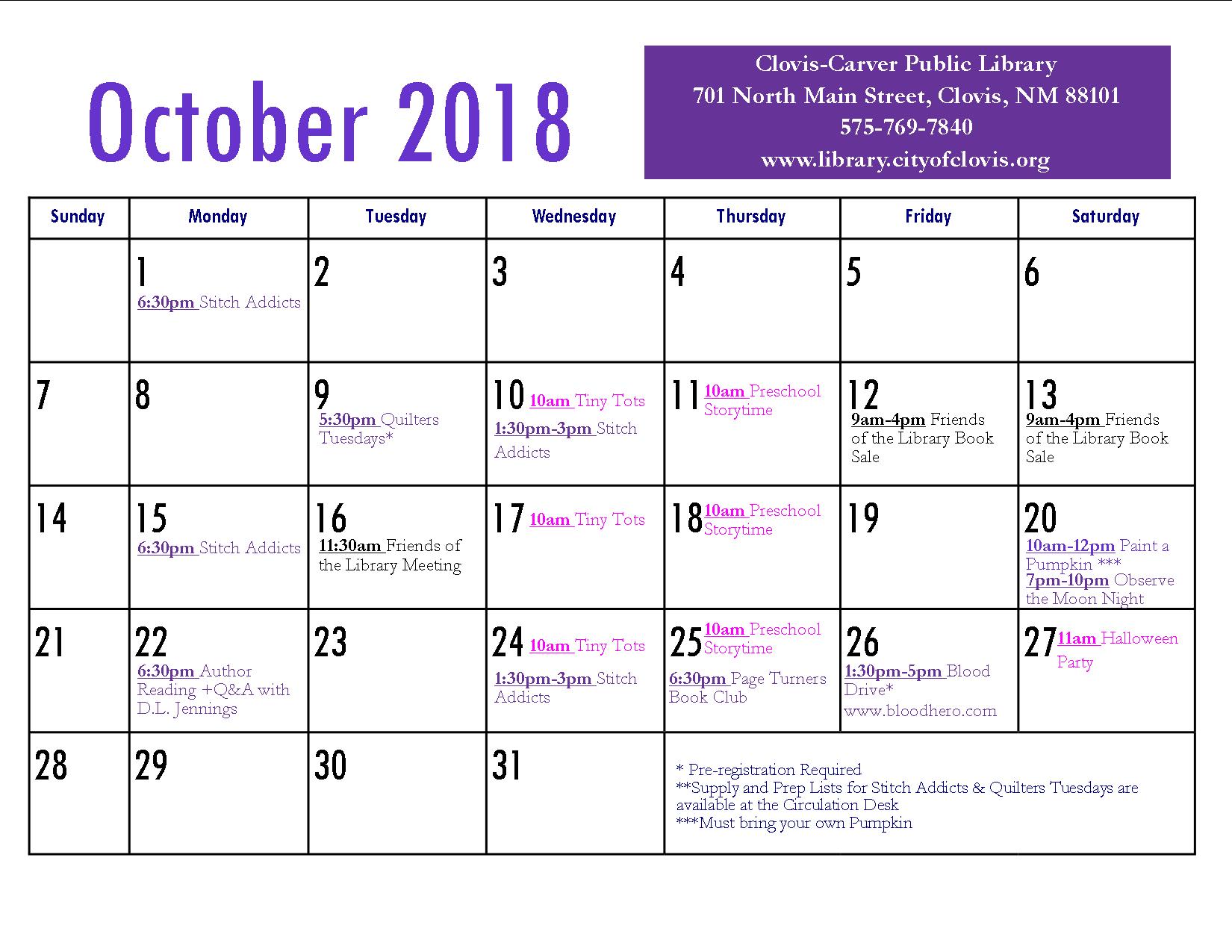 October 2018 Calendar