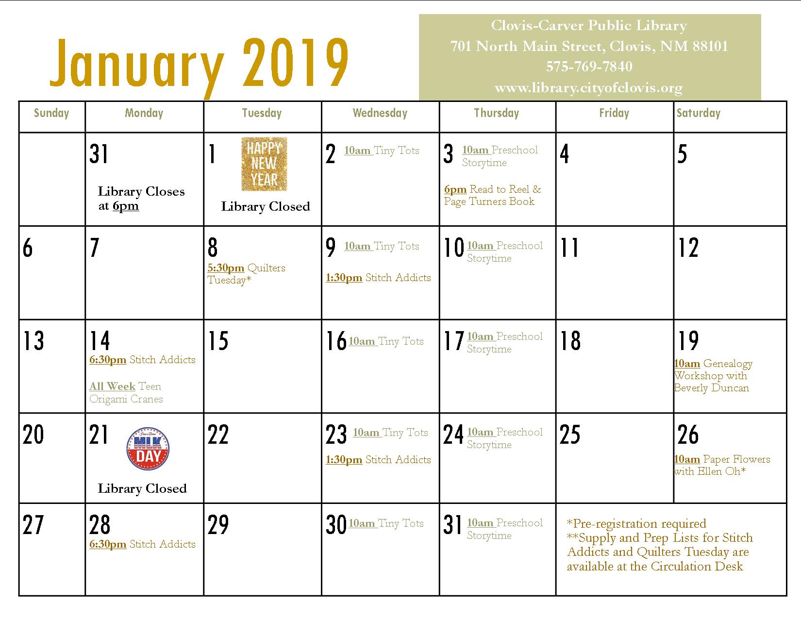 January 2019 Calendar